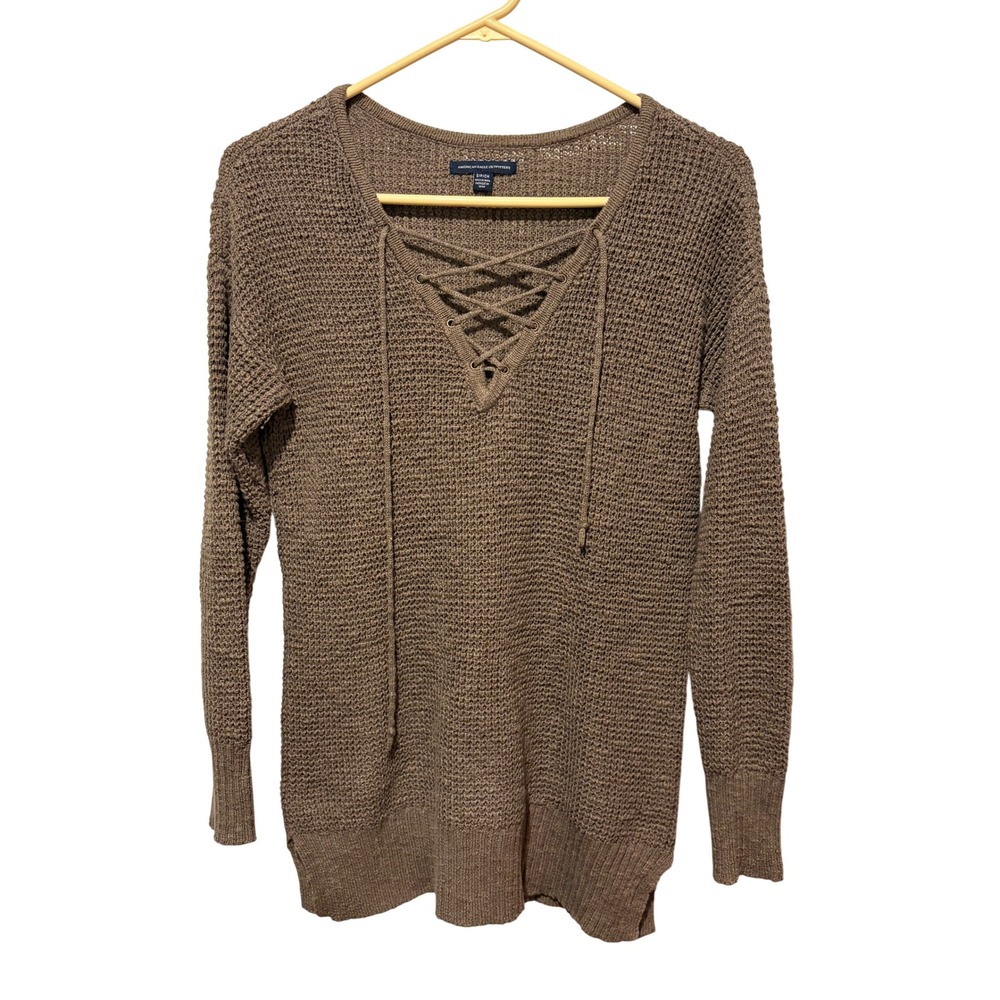American Eagle Outfitters Brown Lace Up V-Neck Waffle Knit Sweater Small